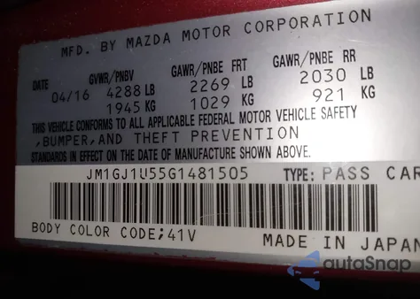 2016 Mazda Mazda6 I Sport z USA, uszkodzony, nr VIN JM1GJ1U55G1481505